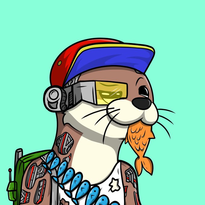 A cartoon illustration of a sea otter character wearing a red and blue cap, futuristic goggles, and a tactical vest, holding what appears to be a fish.