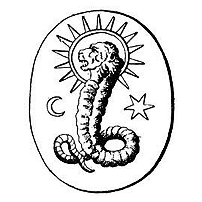 A black-and-white illustration of an ouroboros serpent crowned with a sun, flanked by a crescent moon and star.