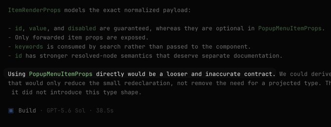 A dark-themed text document or AI chat response discussing 'ItemRenderProps' and 'PopupMenuItemProps', with a highlighted sentence starting 'Using PopupMenuItemProps directly...'.