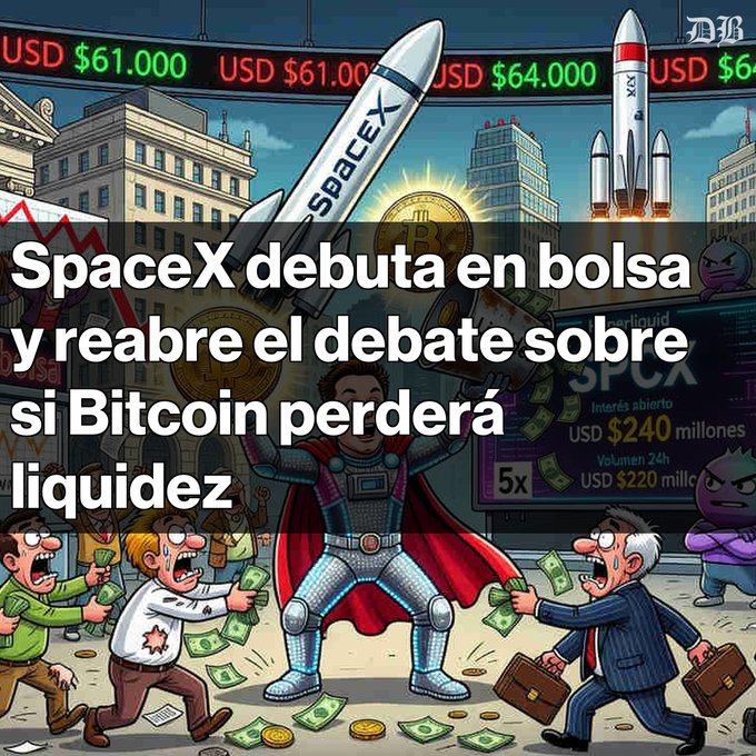 The image portrays a scene with two superheroes, one wearing red and another dressed as a businessman, engaged in a fight over money or perhaps an ETF. There are multiple people surrounding them, some holding suitcases which may represent financial gains or losses. The overall atmosphere appears to be tense and serious due to the ongoing dispute between the superheroes and the bystanders, with the presence of buildings behind them suggesting a city setting. The post also mentions that Bitcoin's value has increased, possibly indicating market fluctuations or changes in its perception as an investment opportunity.