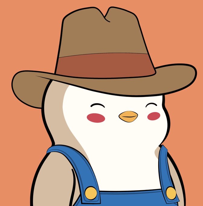 A cute cartoon penguin wearing a brown cowboy hat and blue overalls smiles against an orange background. The illustration represents the "Pudgy" collectible character that the poster excitedly acquired as their new prized possession.