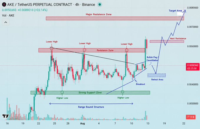 A technical analysis chart of AKE/USDT perpetual contract on Binance (4-hour timeframe) showing a bullish breakout from a range-bound structure, with annotations marking key support at the "Strong Support Zone," a "Bullish Flag Consolidation" pattern, and upside price targets in the $0.008–$0.0088 "Major Resistance Zone." The current price of 0.0050360 (+22.14%) reflects the substantial upside move referenced in the post, validating the earlier call made near $0.0069.