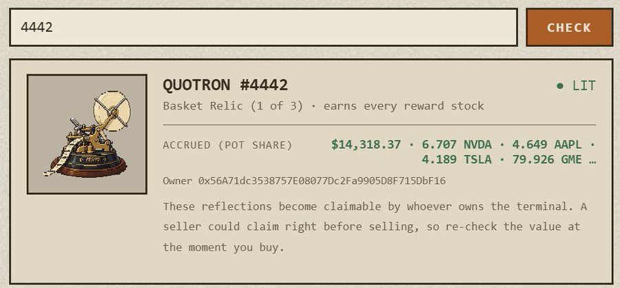 A screenshot showing Quotron #4442, a 'Basket Relic' NFT item (1 of 3) with accrued rewards including $14,318.37, 6.707 NVDA, 4.649 AAPL, 4.189 TSLA, and 79.926 GME, owned by address 0x56A71dc3538757E08077Dc2Fa9905D8F715DbF16.
