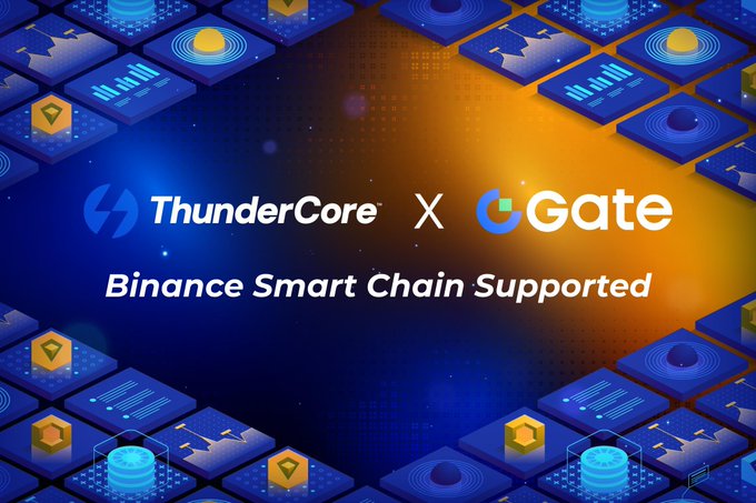 A promotional graphic displays 'ThunderCore x Gate' with the text 'Binance Smart Chain Supported' against a background of blue and orange technology-themed tiles.