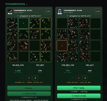 A cryptocurrency website displays 'STONKBROKERS' with two stonker boxes (#1947 and #1948) showing pixelated character patterns and pricing in SOL.