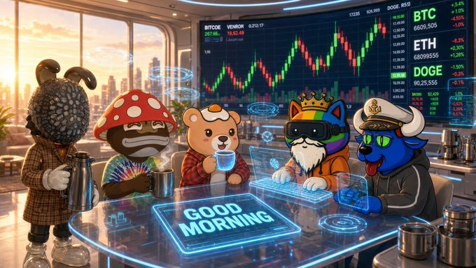 An illustration titled 'GOOD MORNING' showing anthropomorphic NFT characters (a sheep, mushroom, bear, cat with crown and VR headset, and dog captain) gathered around a holographic table displaying BTC, ETH, and DOGE market charts.