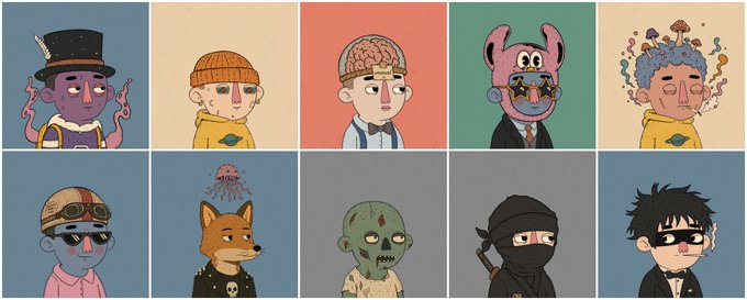 A grid of ten illustrated cartoon characters with surreal elements like exposed brains, a pig face, a fox head, a zombie, and a ninja.