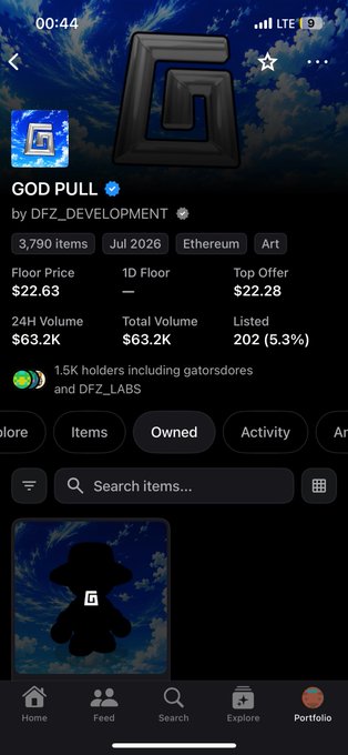 NFT listing page for the "GOD PULL" collection by DFZ_DEVELOPMENT on Ethereum, showing a floor price of 22.63 ETH, top offer of 22.28 ETH, and 24H volume of $63.2K.