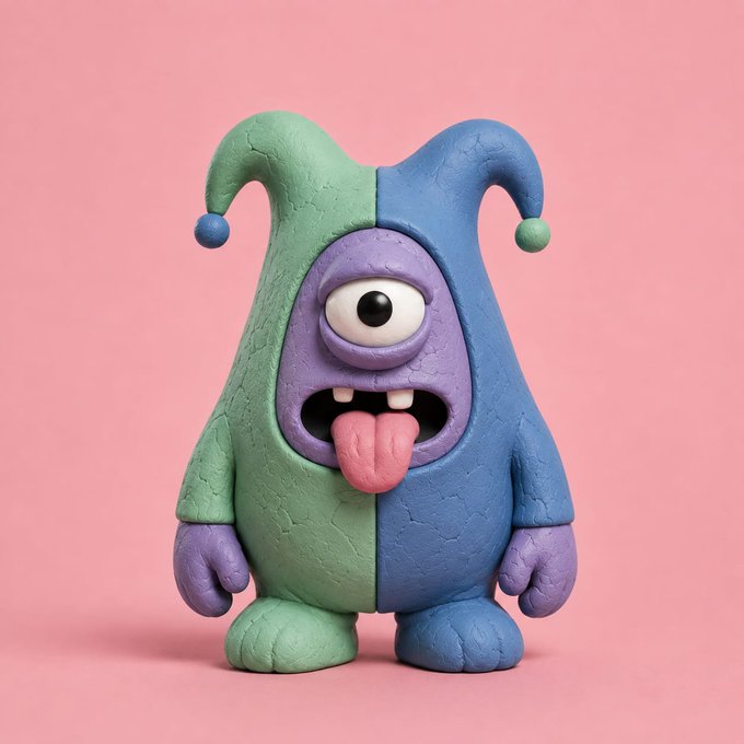 A 3D-rendered cartoon monster character with a split green and blue body, a single large eye, and its tongue sticking out, set against a pink background.