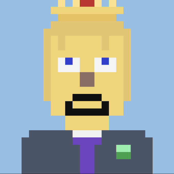 A pixel art portrait of a character with yellow skin, blue eyes, a mustache, and dark beard wearing a suit with a purple tie and green pocket square against a light blue background.
