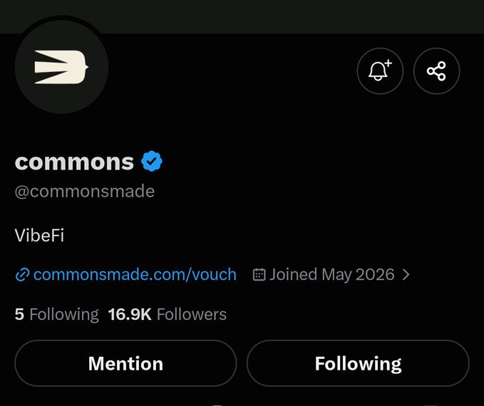 The image shows the X (formerly Twitter) account profile for "commons" (@commonsmade), a verified account with 16.9K followers, 5 following, and joined May 2026. The profile describes the project as "VibeFi" with a link to commonsmade.com/vouch, matching the post's announcement of VibeFi's launch and airdrop campaign for its top 1000 users.