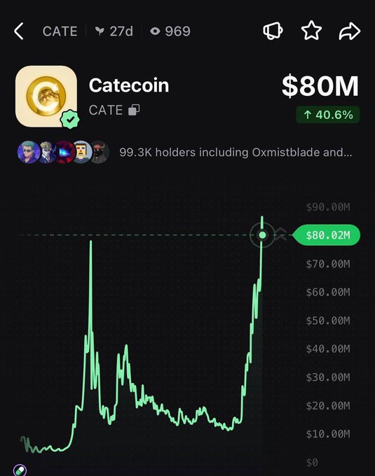 A trading chart shows Catecoin ($CATE) with a $80M market cap, up 40.6%, and 99.3K holders including Oxmistblade. The price graph illustrates a dramatic spike from around $20M to $80M, visually supporting the claim of a 350% pump over the past week, though the displayed percentage shows a more recent 40.6% gain during the 27-day timeframe.