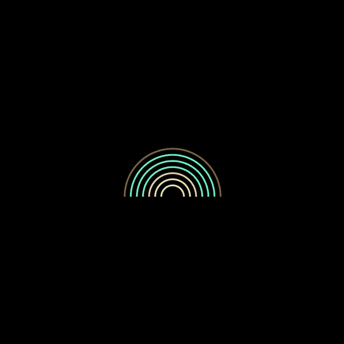 A minimalist neon-style logo on a black background, featuring concentric semicircular arcs in cyan and orange tones resembling a rainbow or sun rising.