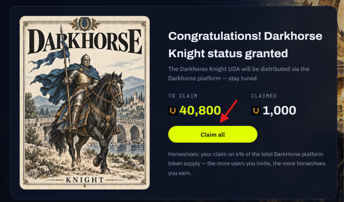 A Darkhorse Knight status rewards screen showing a knight on horseback illustration, with text 'Congratulations! Darkhorse Knight status granted', 'To Claim 40,800' and 'Claimed 1,000' tokens, and a yellow 'Claim all' button indicated by a red arrow.