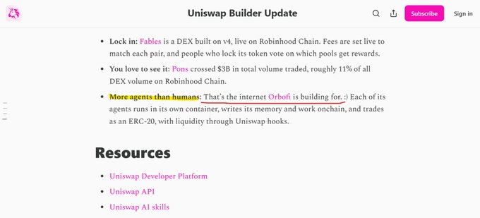 The image shows a highlighted excerpt from the "Uniswap Builder Update" newsletter mentioning "$OBI" under the section "More agents than humans," describing Orboi as an internet project where agents run in containers, write to memory onchain, and trade as ERC-20 tokens via Uniswap hooks.

The highlighted text validates the post's point that Uniswap featured Orboi alongside established projects like Fables and Pons, suggesting noteworthy attention for a sub-$1m project.