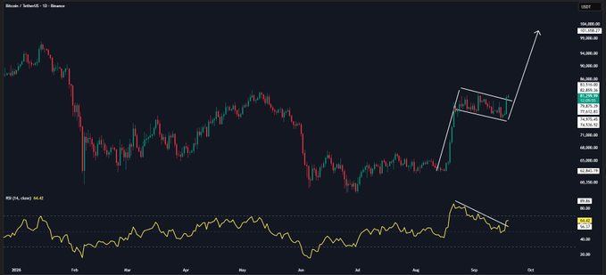 A Bitcoin/Tether candlestick chart on Binance displays a bullish flag pattern with an upward arrow targeting ~$100K, while the RSI indicator below shows a breakout, visually supporting the post's claim of an imminent $100K price target.