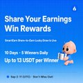 A promotional banner for HTX SmartEarn featuring a cartoon mascot, advertising "Share Your Earnings Win Rewards" with up to 13 Days and 6 Winners Daily, and up to 1 USDT per Winner. The image highlights the limited-time APY boost campaign mentioned in the post, encouraging users to share their earnings for a chance to win rewards.