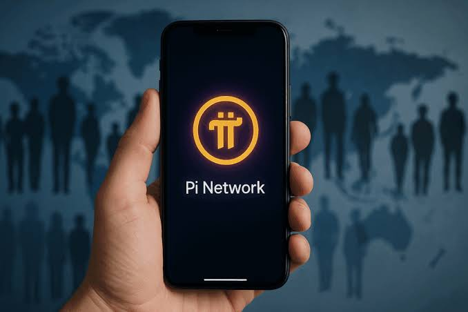 A hand holds a smartphone displaying the Pi Network logo against a backdrop of a world map and silhouetted crowd.