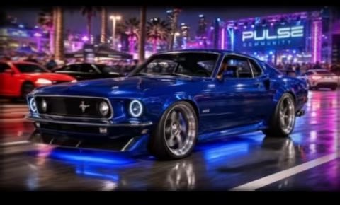 A blue Mustang with glowing blue undercarriage lights is showcased at the "PULSE COMMUNITY" event. This image likely serves as inspiration for the "QT your PULSE CAR SHOW PROMPT CHALLENGE."