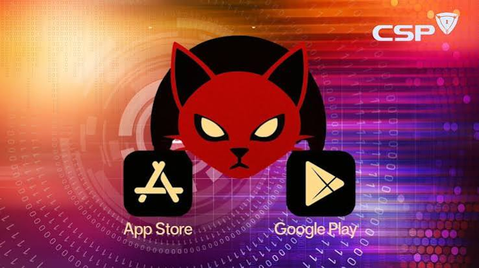 A red fox/cat-like mascot logo displayed between App Store and Google Play download buttons, with 'CSP' branding in the top right corner against a binary code background.