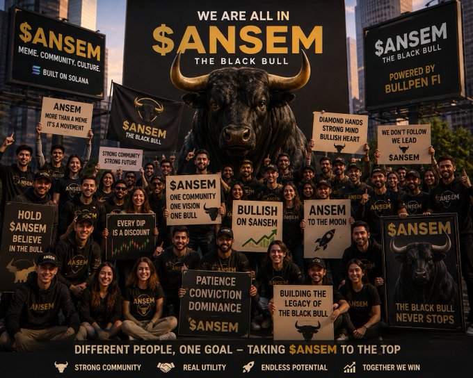 A crypto community promotional image for $ANSEM (The Black Bull) showing a large crowd of supporters holding various bull-themed signs and banners, built on Solana and powered by Bullpen Fi.