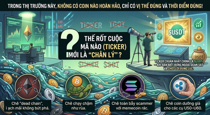 A Vietnamese-language cryptocurrency infographic asks 'THẾ RỐT CUỘC MÀ NÀO (TICKER) MỚI LÀ CHÂN LÝ?' comparing four crypto concepts including 'Chế dead chain', 'Chế chạy chậm như rùa', 'Chế toàn bầy scammer', and 'Chế coin dường già'.