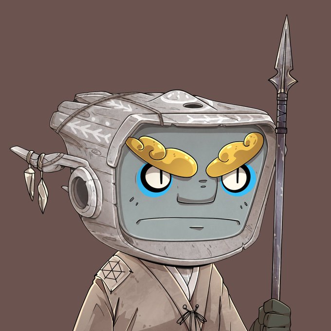 Illustration of a stylized character with a TV/monitor head displaying an angry expression with golden eyebrows, wearing a stone-like helmet and robe, holding a spear.