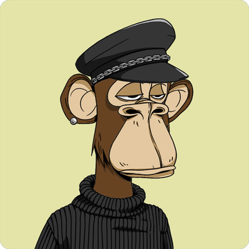 A cartoon illustration of a Bored Ape-style monkey wearing a black captain's hat with a chain band and a black turtleneck sweater, featuring a small earring.