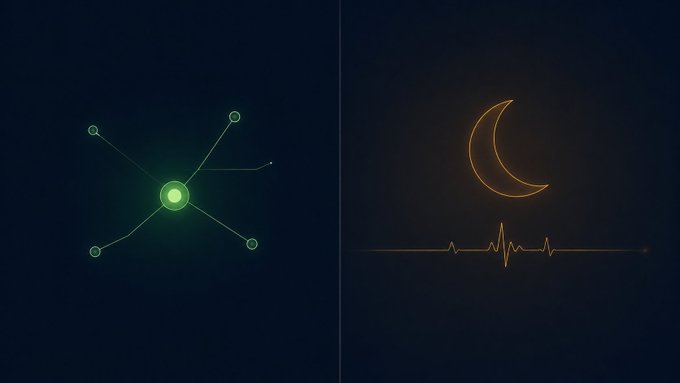 A split graphic on a dark background showing a glowing green network node diagram on the left and an orange crescent moon symbol above a heartbeat line on the right.