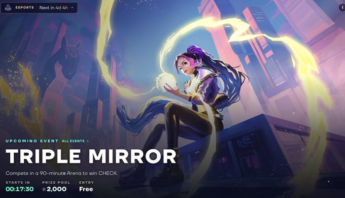 A gaming promotional banner featuring an anime-style female character with purple hair holding a glowing orb, advertising a 'TRIPLE MIRROR' event starting in 00:17:30.