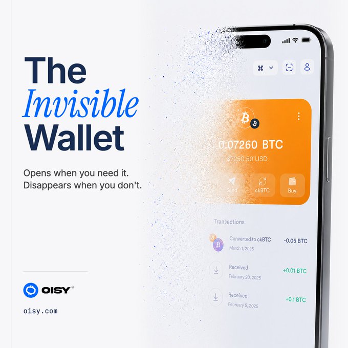 The image is an advertisement for Oisy, a web-based crypto wallet branded as "The Invisible Wallet" with the tagline "Opens when you need it. Disappears when you don't." It shows a smartphone displaying 0.07260 BTC (≈$7,250.50 USD) with a transaction history including entries like "-0.05 BTC Converted to ckBTC" on March 1, 2025 and received amounts of "+0.01 BTC" and "+0.1 BTC," illustrating how the wallet leaves no trace on the device after the browser window is closed, as described in the post.