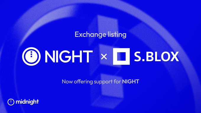 A blue promotional banner announcing an exchange listing partnership between NIGHT and S.BLOX, stating "Now offering support for NIGHT" by midnight.