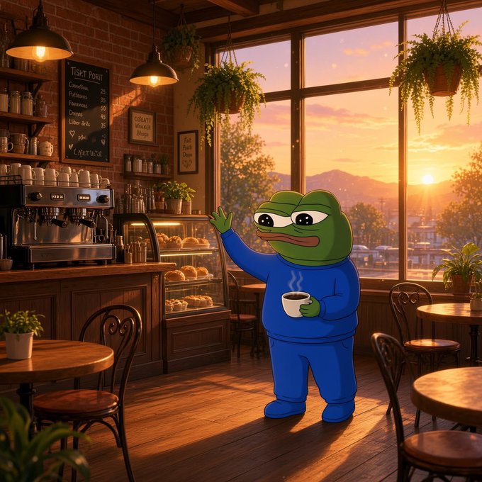 A digital illustration of the Pepe the Frog character wearing a blue tracksuit, holding a mug of coffee, standing inside a cozy cafe at sunset.