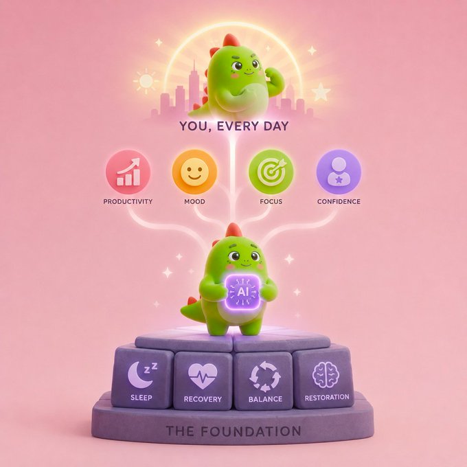 The image features a green dinosaur figurine standing on top of a purple cube or block. The dinosaur appears to be holding a small object that has an AI face on it. Below the dinosaur, there are five different icons representing various aspects of daily life such as sleep, productivity, mood, focus, and confidence. These icons are arranged in a way that they appear to be floating above the dinosaur figurine. The image also includes text that reads "You. Every day. You. Every day." This suggests that the dinosaur is promoting the idea of self-improvement or personal growth through daily habits and routines.