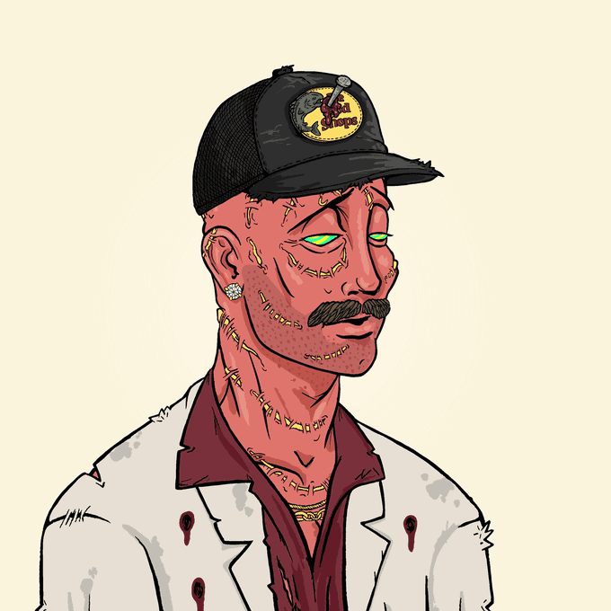 An illustrated portrait of a stylized zombie-like character with red skin, glowing green eyes, a mustache, a black trucker hat with a logo, a white lab coat with blood stains, and a diamond earring.