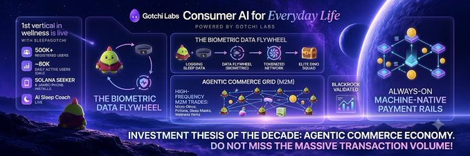 Gotchi Labs promotional graphic for 'Consumer AI for Everyday Life' featuring a biometric data flywheel, agentic commerce grid (M2M), and machine-native payment rails, citing Sleepbotch, Solana Seeker, and AI Shop Coach.