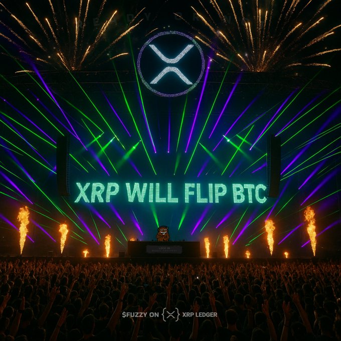 An AI-generated concert scene with dramatic lighting, lasers, and pyrotechnics, featuring an XRP logo and stage text reading 'XRP WILL FLIP BTC' with 'FUZZY ON XRP LEDGER' at the bottom.