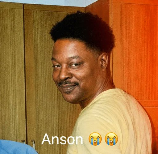 A vintage-style photo of a smiling man with a mustache, captioned "Anson" with two crying emojis beneath it.
