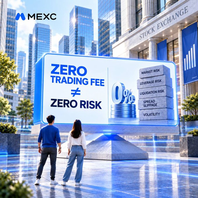 A MEXC advertisement showing a billboard that reads 'ZERO TRADING FEE ≠ ZERO RISK', with a stack of blocks listing risks including 'MARKET RISK', 'LEVERAGE RISK', 'LIQUIDATION RISK', 'SPREAD SLIPPAGE', and 'VOLATILITY', in front of a stock exchange building.