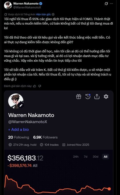 A Vietnamese-language social media post by Warren Nakamoto (@WarrenNakamotoX) discussing FOMO and trading, showing a portfolio loss of -$398,576.74.
