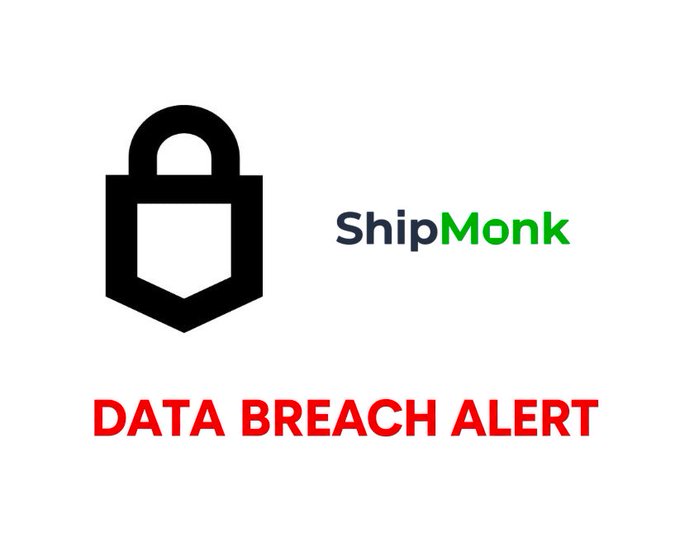 A data breach alert graphic for ShipMonk, featuring a black padlock icon alongside the company logo and the warning text 'DATA BREACH ALERT' in bold red letters.
