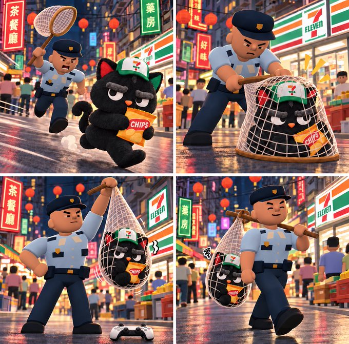 Four-panel 3D illustration showing a police officer chasing and catching a black cat wearing a 7-Eleven cap with a bag of chips, set in a neon-lit city street.