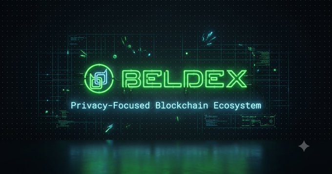 A dark digital graphic with neon green text reading 'BELDEX - Privacy-Focused Blockchain Ecosystem' featuring a stylized logo and tech-inspired background elements.