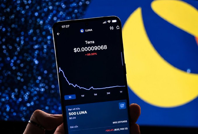 A hand holds a smartphone displaying a cryptocurrency chart for 'Terra' (LUNA) showing a price of $0.00009068 and a steep decline of -99.99% against a dark blue background with a yellow moon graphic.