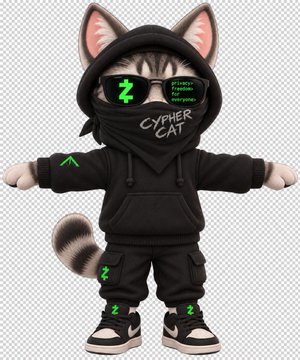A stuffed toy cat wearing a black hoodie with "CYPHER CAT" printed on it, green sunglasses, and cargo pants is displayed against a white background.