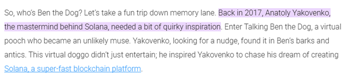 The image features a gray background with white text that reads "So, who's Ben The Dog? Let's take a fun trip down memory lane." This information is related to the post about Ben The Dog inspiring Anatoly Yakovenko to chase his dream of creating Solana.