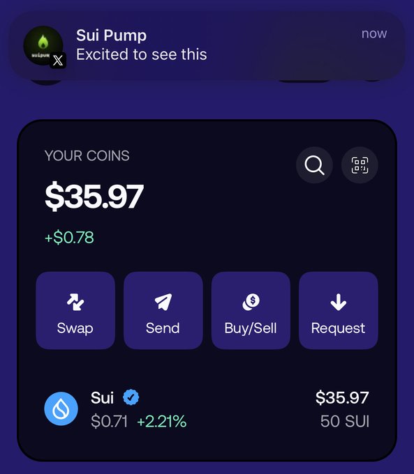 The image shows a cryptocurrency wallet dashboard displaying a balance of $35.97 (+$0.78) with 50 SUI tokens valued at $0.71 each (+2.21%), featuring Swap, Send, Buy/Sell, and Request options, while a notification from "Sui Pump" reading "Excited to see this" appears at the top—visually reinforcing the post's enthusiastic anticipation of watching the Sui token's price action unfold.