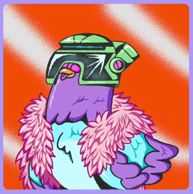 The image features a cartoon pigeon wearing a helmet with goggles, giving it a futuristic appearance. The pigeon has a pink feather collar around its neck, adding a unique touch to its look. The background of the image is orange, which contrasts nicely with the purple feathers on the pigeon's body and the blue wings. The caption below the image reads: "The thing I find most interesting about the new Wingston NFT isn'e the whitelist is earned after you've already contributed to the ecosystem. @RallyOnChain flipped that. Join 3".