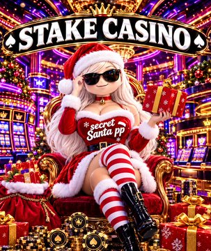 A glamorous blonde figure in a Santa outfit and sunglasses poses with presents in a casino setting, with "STAKE CASINO" prominently displayed above and "Secret Santa PP" written on her red sweater. The image ties to the post's request for a "secret Santa" donation to Stake, using the festive casino branding and Santa theme to draw attention to the plea for $1,000 in assistance.