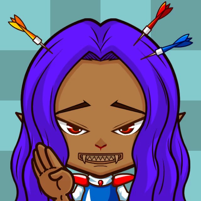 A cartoon illustration of a vampire-like character with purple hair adorned by colorful darts, sharp fangs, and red eyes, showing a raised hand.